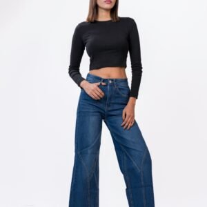 Y-Shape Stitch High Waist Wide Leg Jeans – Mid Blue