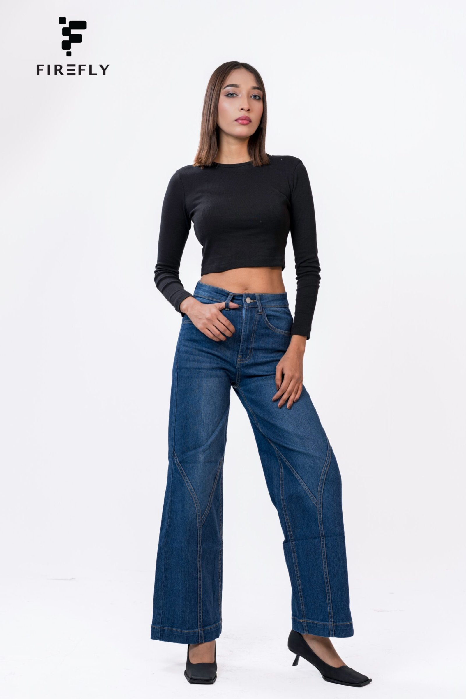 Y-Shape Stitch High Waist Wide Leg Jeans – Mid Blue