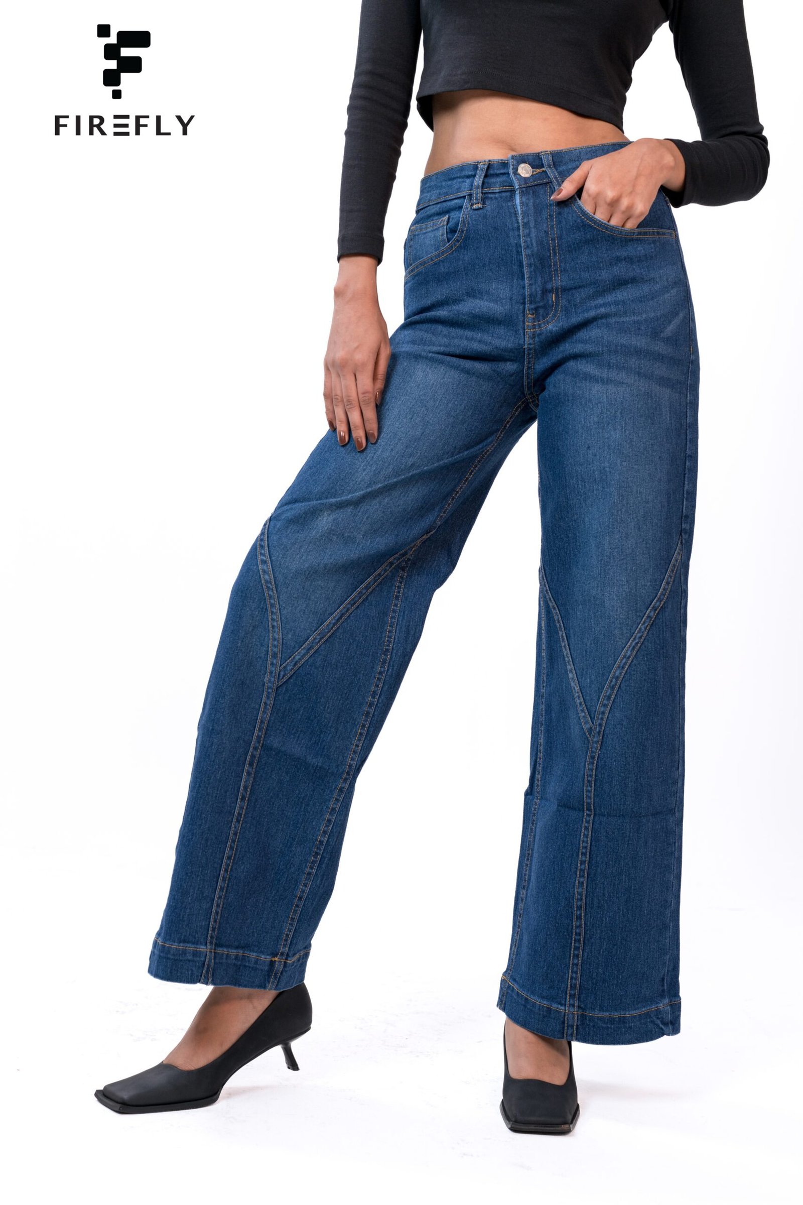 Y-Shape Stitch High Waist Wide Leg Jeans – Mid Blue - Image 2