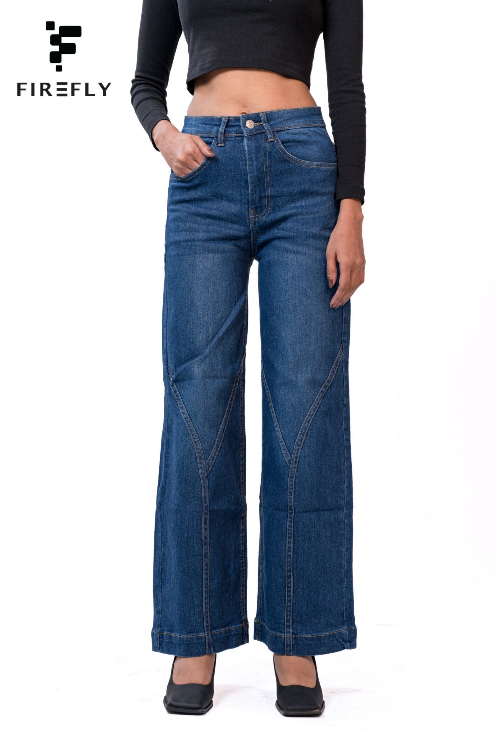 Y-Shape Stitch High Waist Wide Leg Jeans – Mid Blue - Image 3