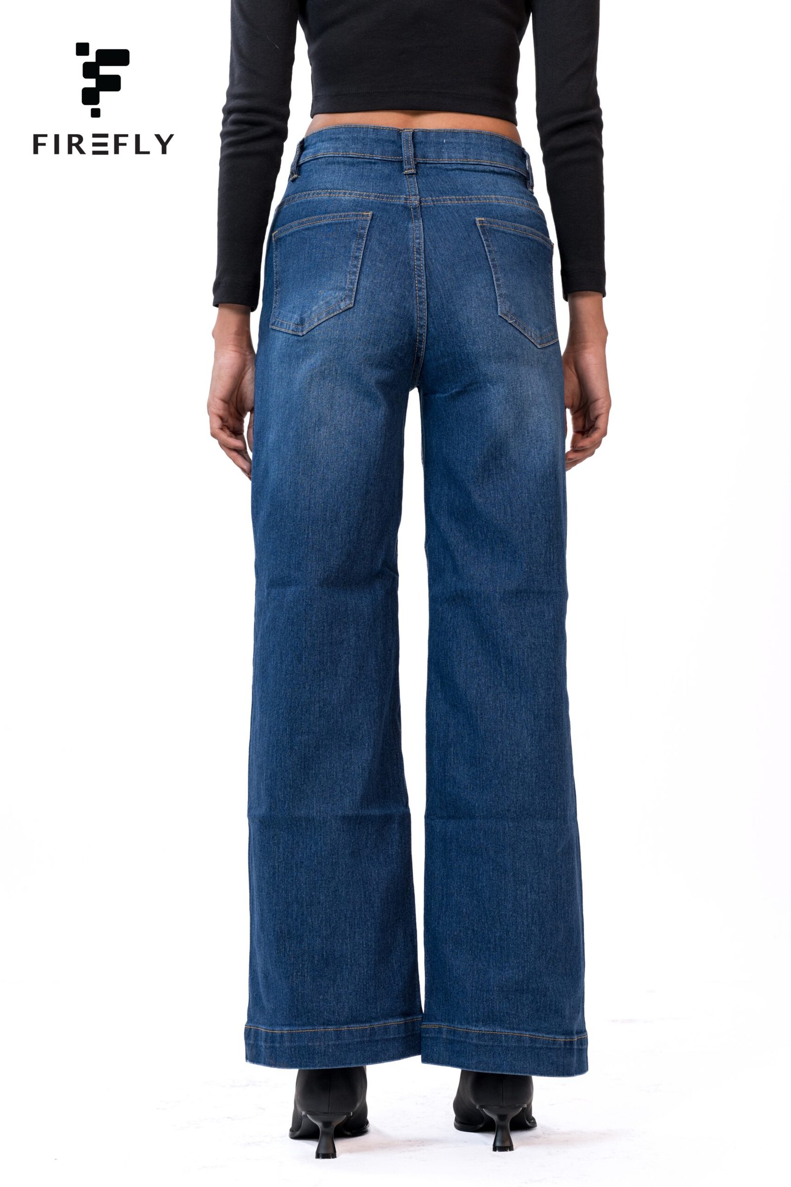 Y-Shape Stitch High Waist Wide Leg Jeans – Mid Blue - Image 4