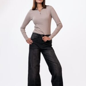 Y-Shape Stitch High Waist Wide Leg Jeans – Ash Black