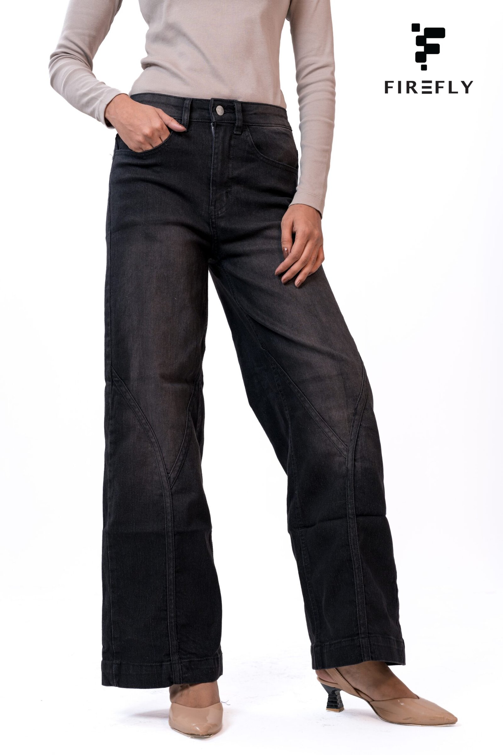 Y-Shape Stitch High Waist Wide Leg Jeans – Ash Black - Image 4