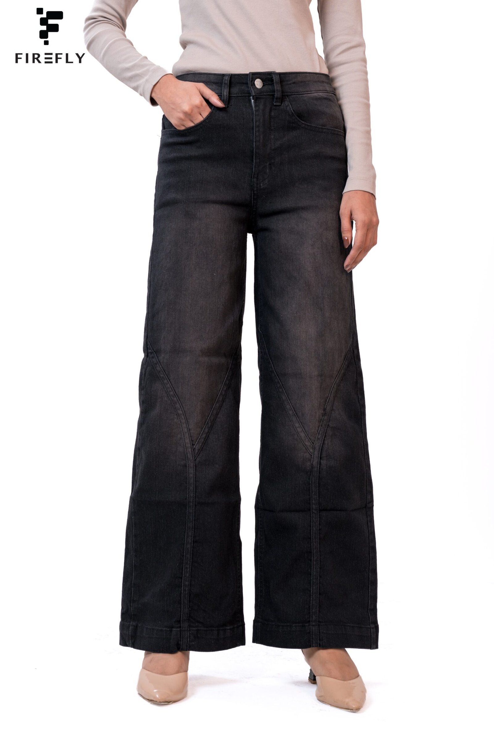 Y-Shape Stitch High Waist Wide Leg Jeans – Ash Black - Image 2