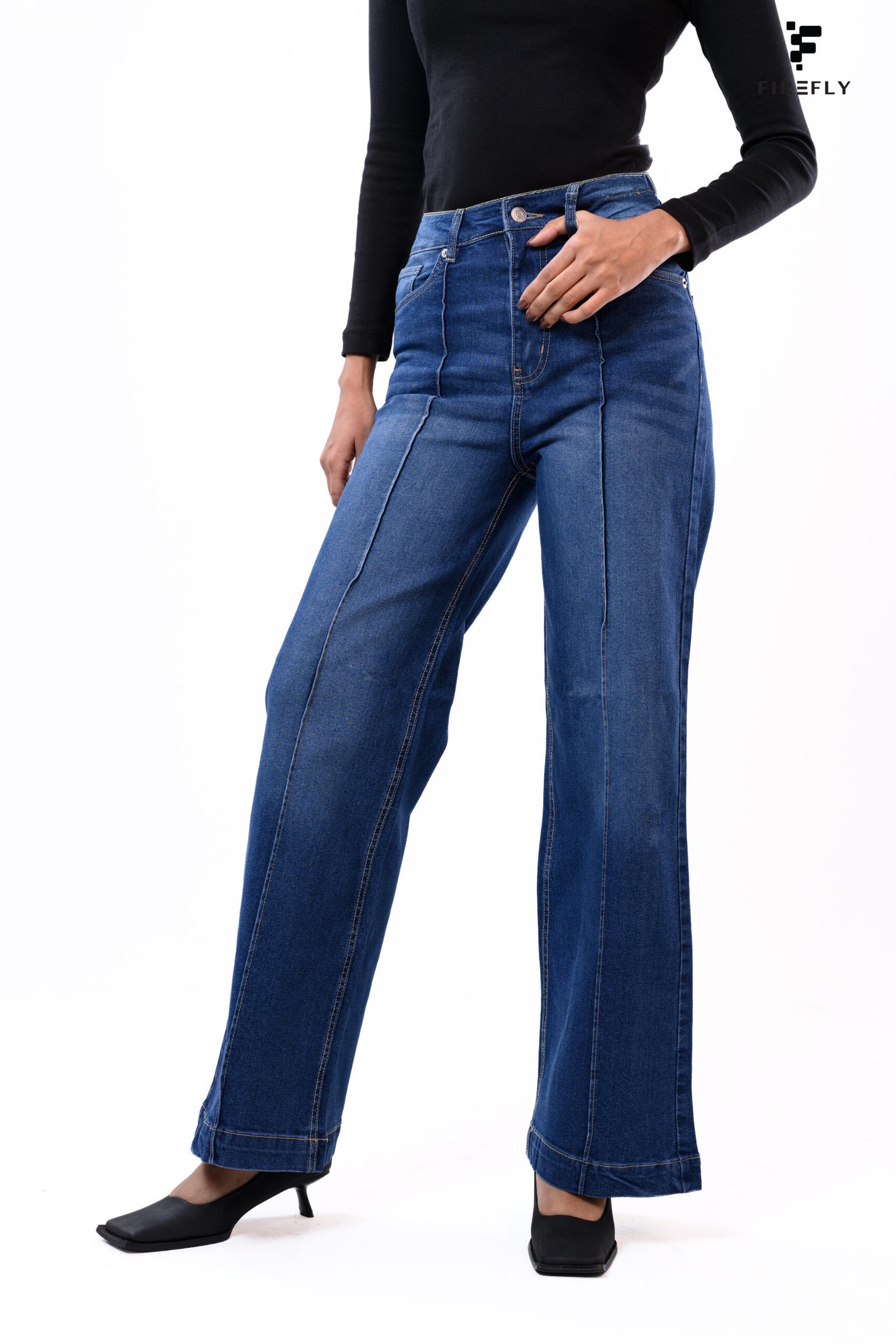 Center-Stitch Wide Leg Jeans – Deep Blue - Image 4