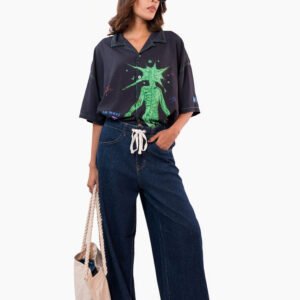 High Waist Drawstring Baggy Fit Jeans – Dark Blue
