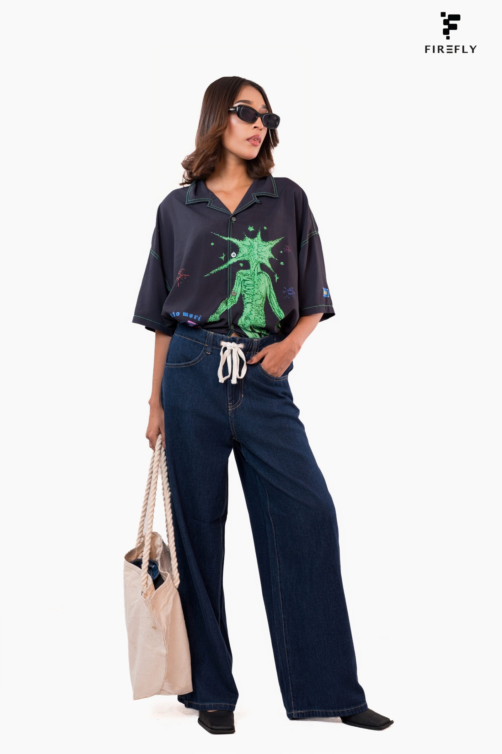 High Waist Drawstring Baggy Fit Jeans – Dark Blue