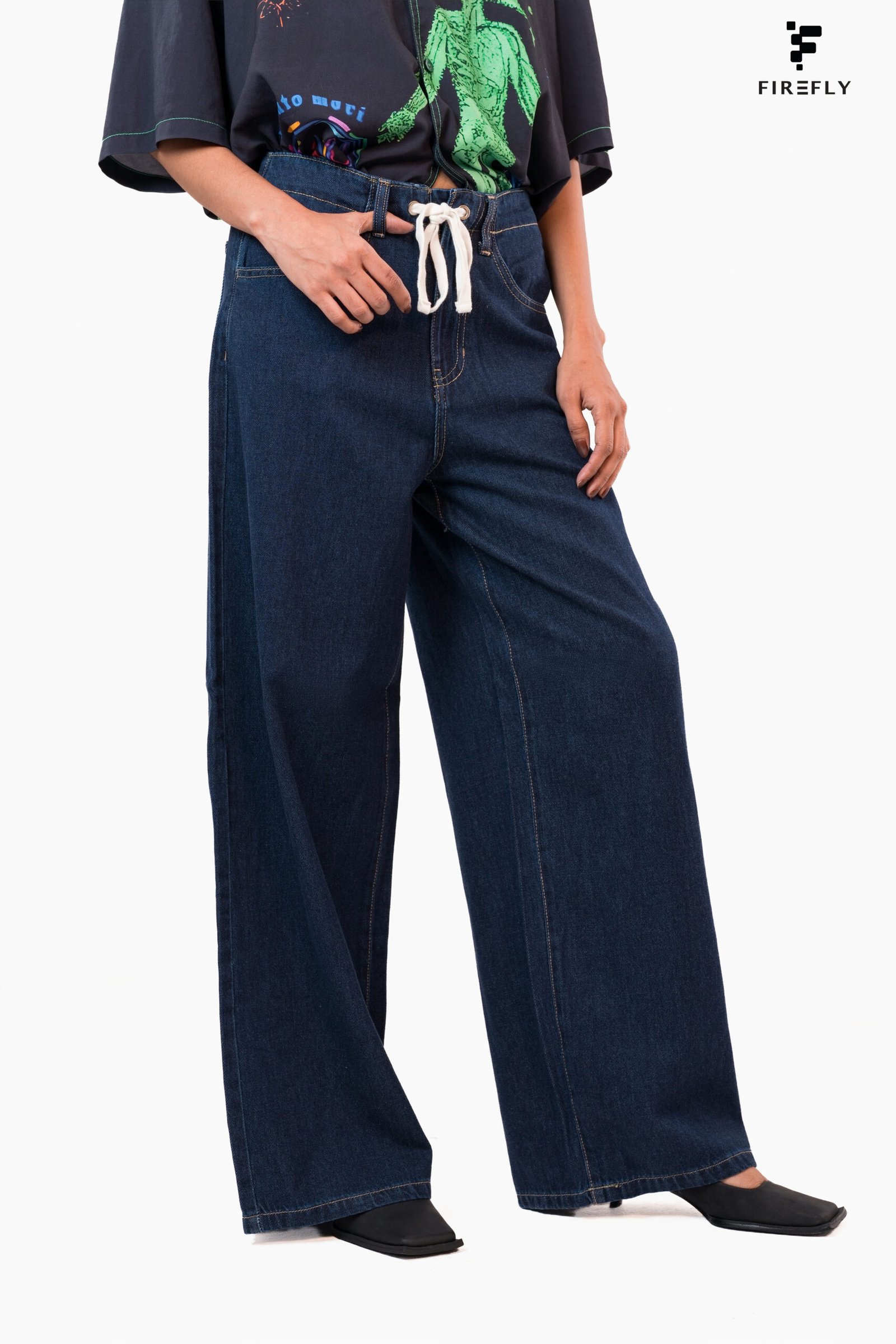 High Waist Drawstring Baggy Fit Jeans – Dark Blue - Image 2
