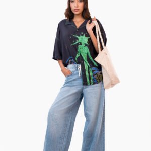 High Waist Drawstring Baggy Fit Jeans – Light Blue