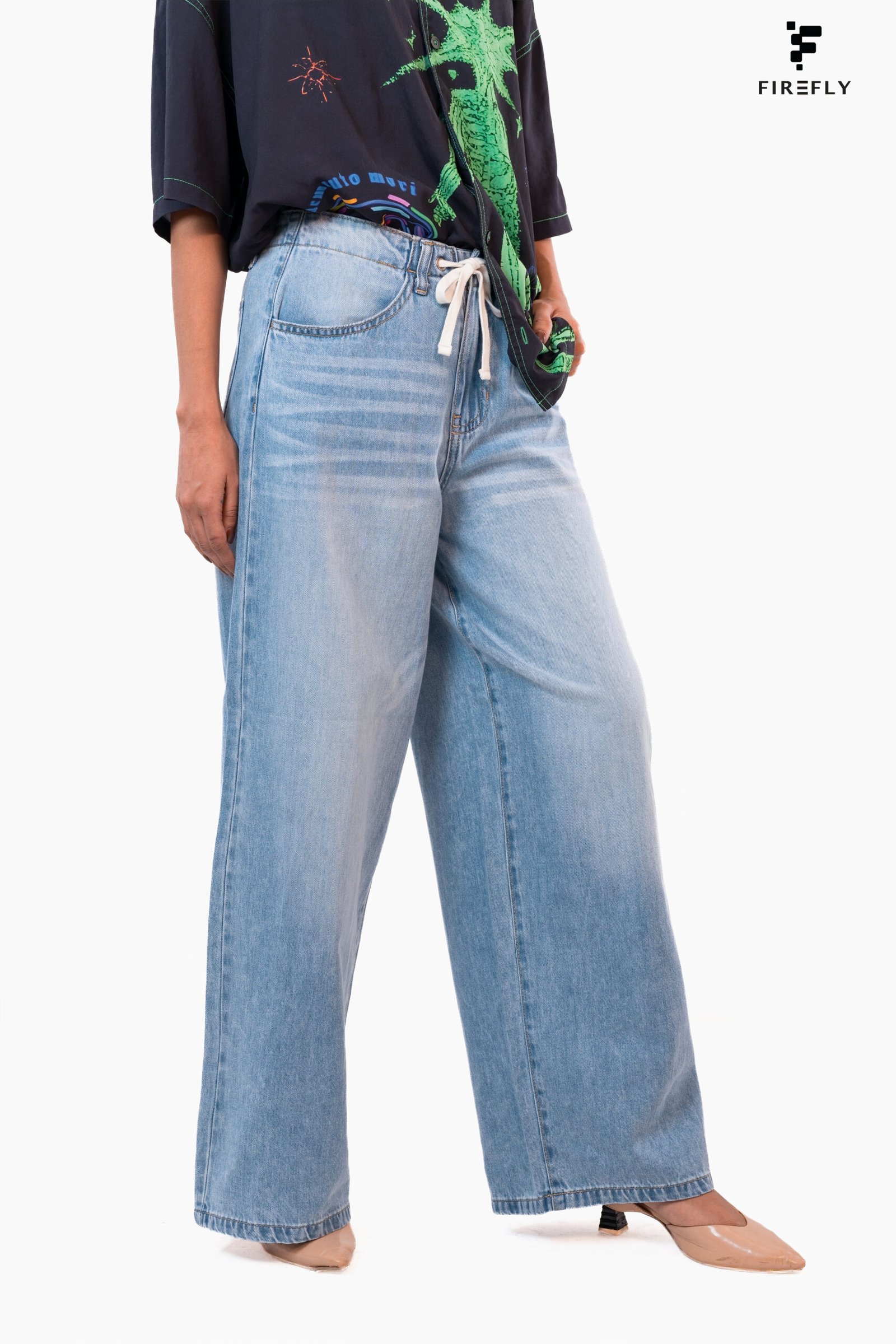 High Waist Drawstring Baggy Fit Jeans – Light Blue - Image 2