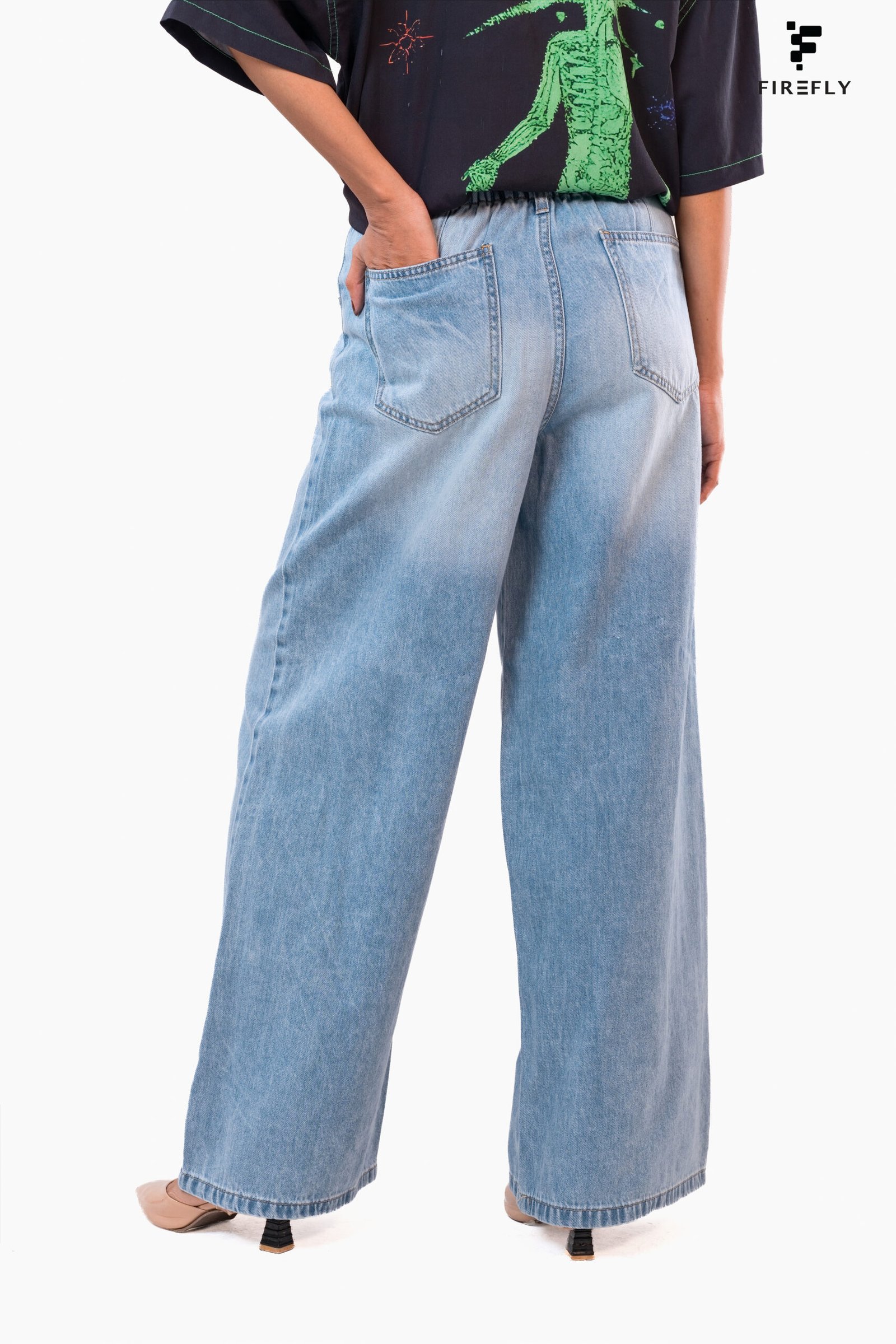 High Waist Drawstring Baggy Fit Jeans – Light Blue - Image 3
