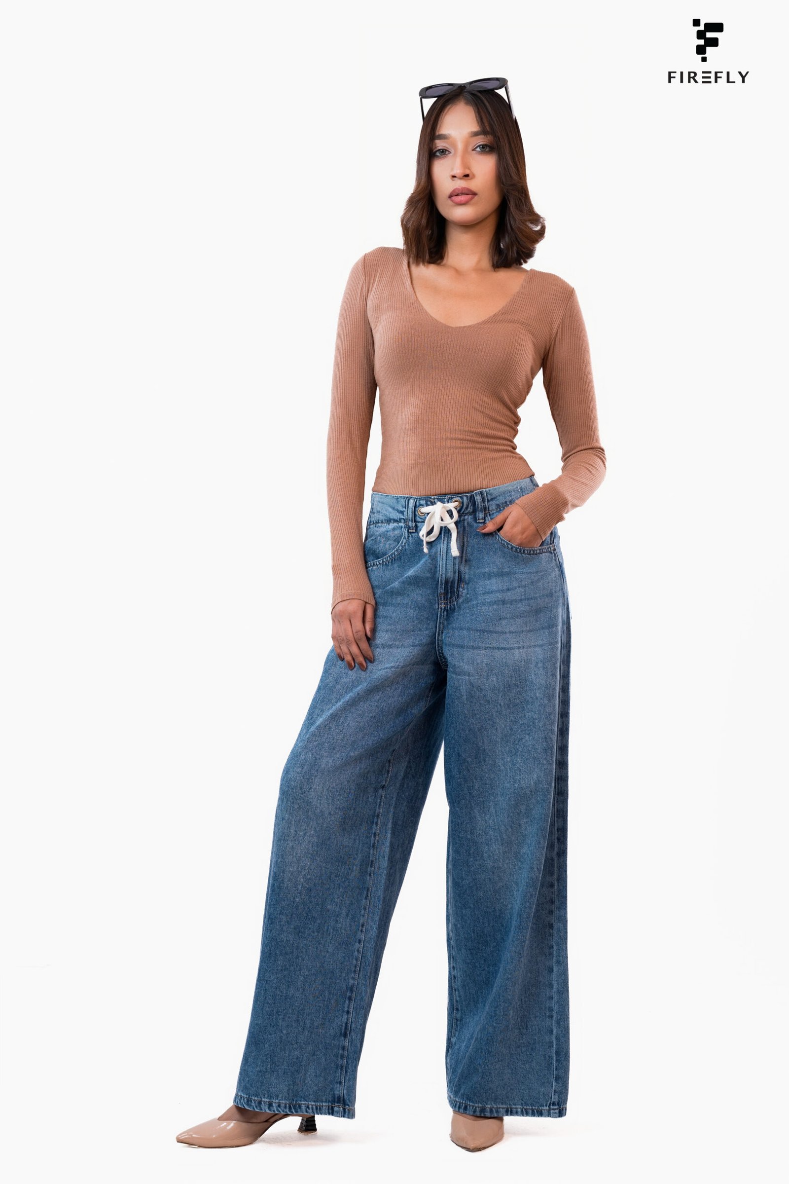 High Waist Drawstring Baggy Fit Jeans – Mid Blue