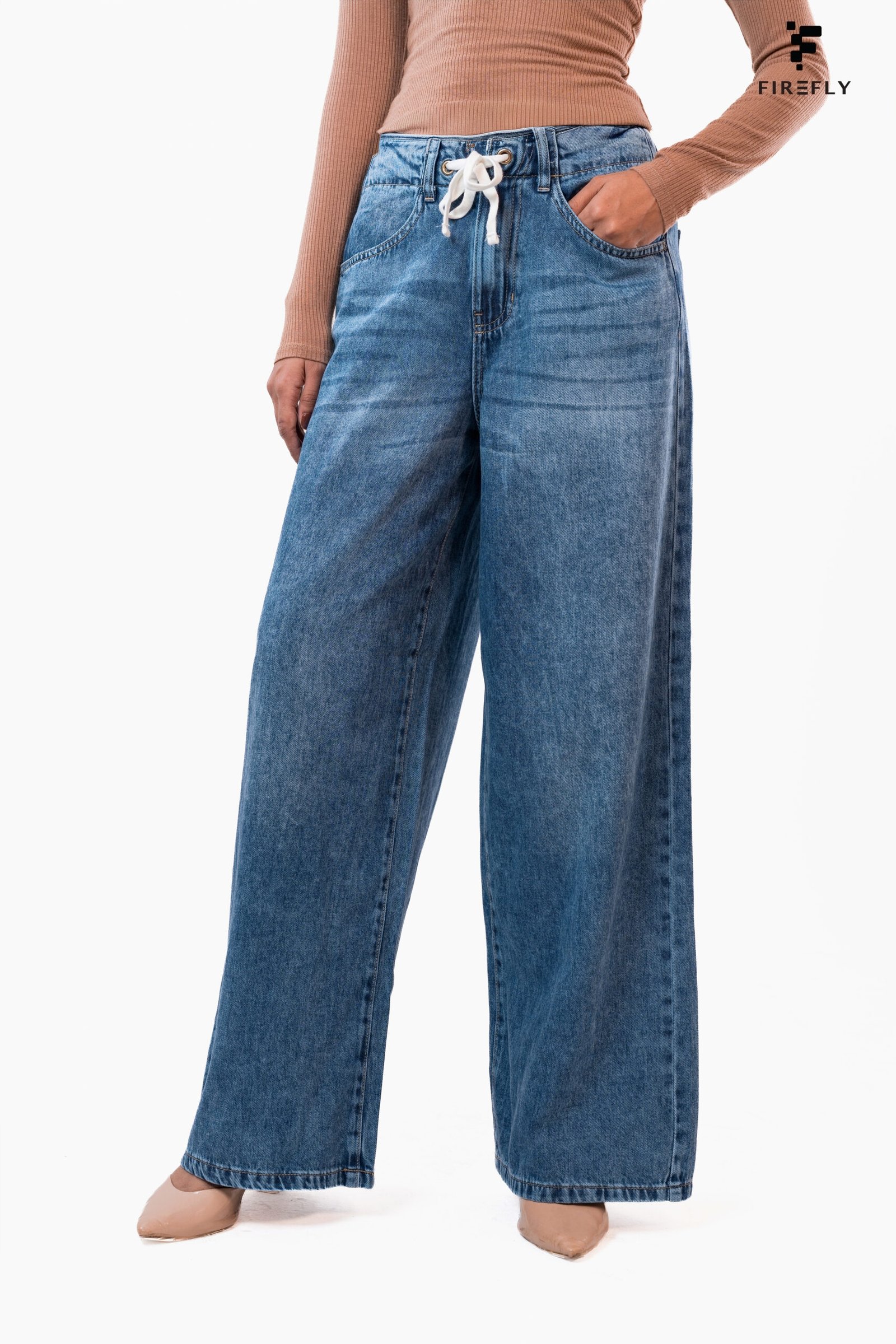 High Waist Drawstring Baggy Fit Jeans – Mid Blue - Image 2