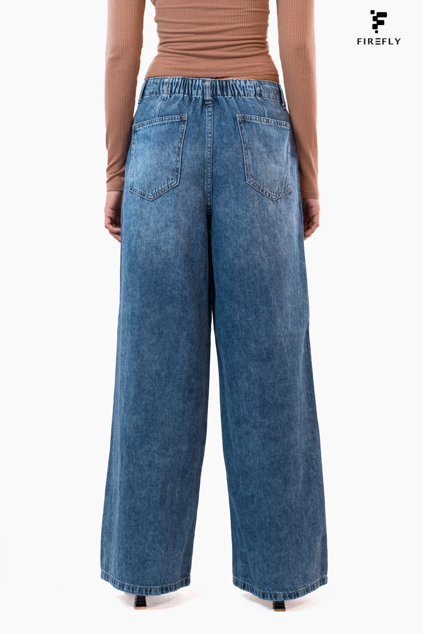 High Waist Drawstring Baggy Fit Jeans – Mid Blue - Image 3