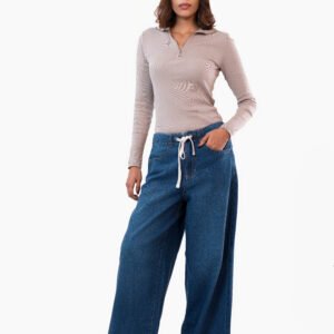 High Waist Drawstring Baggy Fit Jeans – Deep Blue