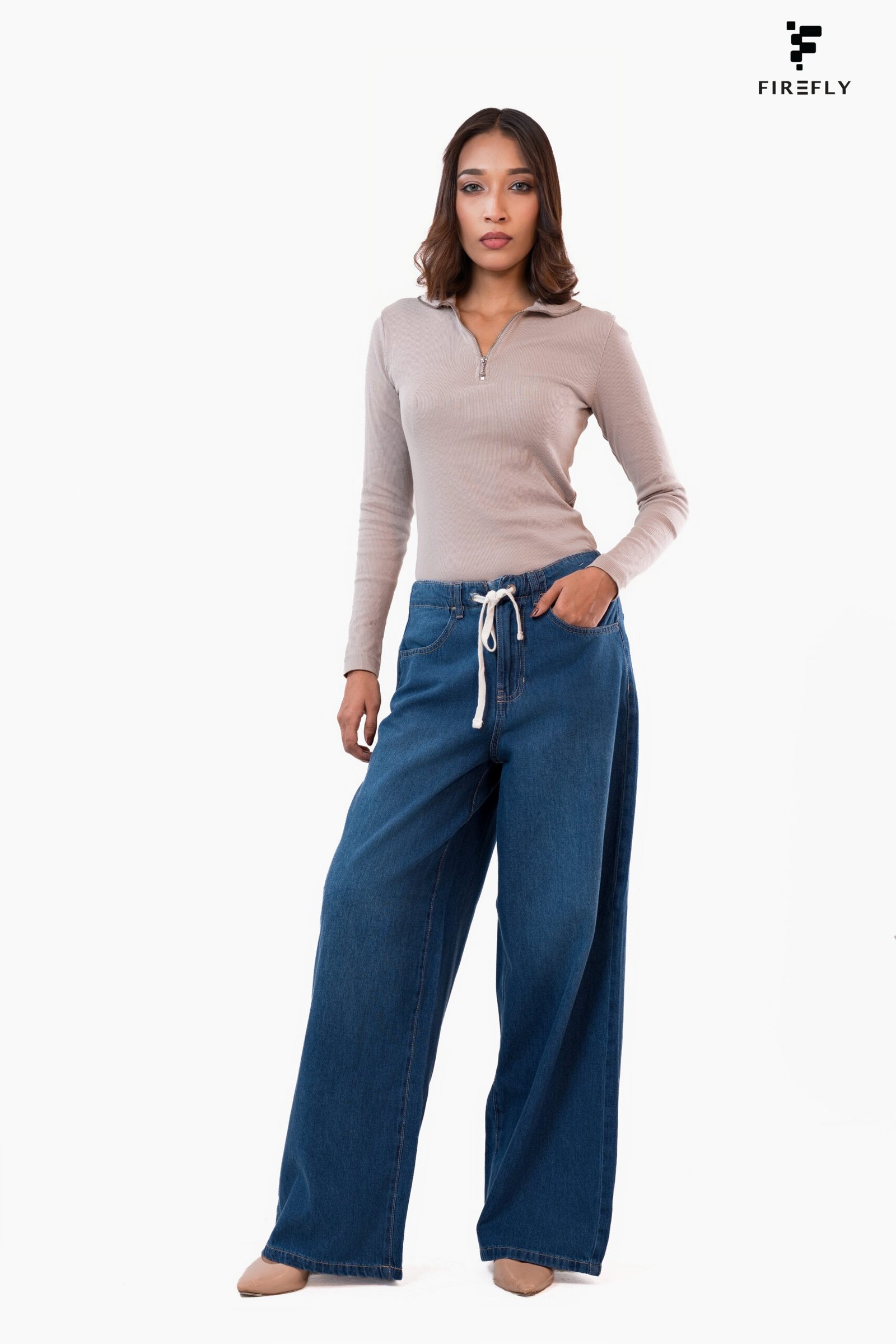 High Waist Drawstring Baggy Fit Jeans – Deep Blue