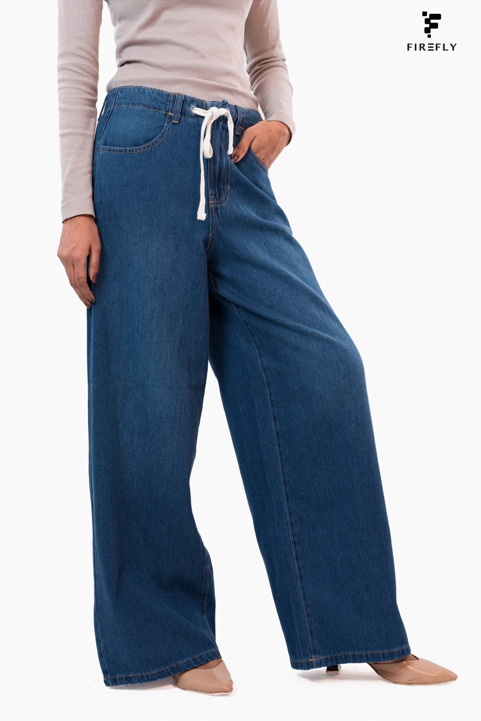 High Waist Drawstring Baggy Fit Jeans – Deep Blue - Image 3