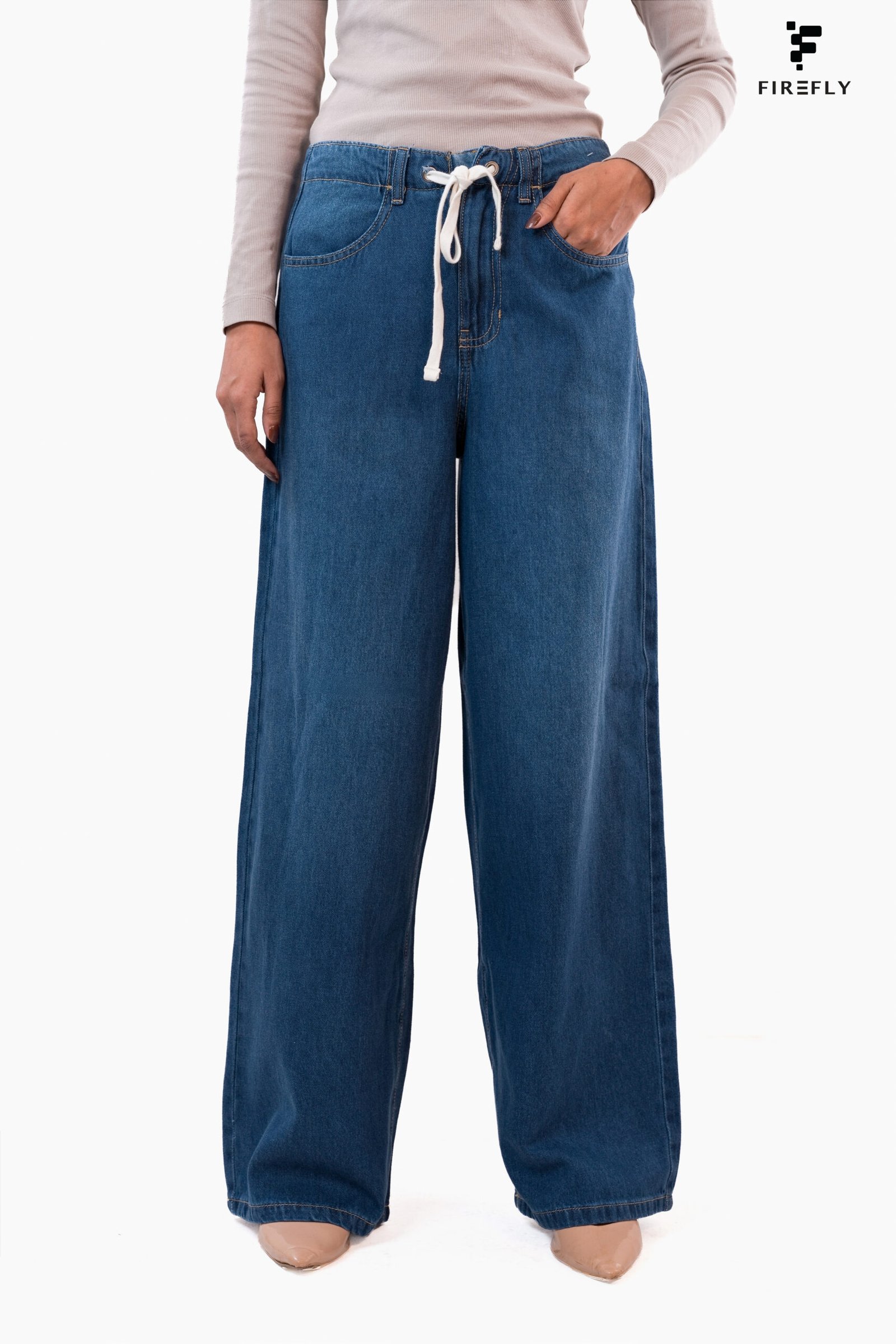 High Waist Drawstring Baggy Fit Jeans – Deep Blue - Image 2